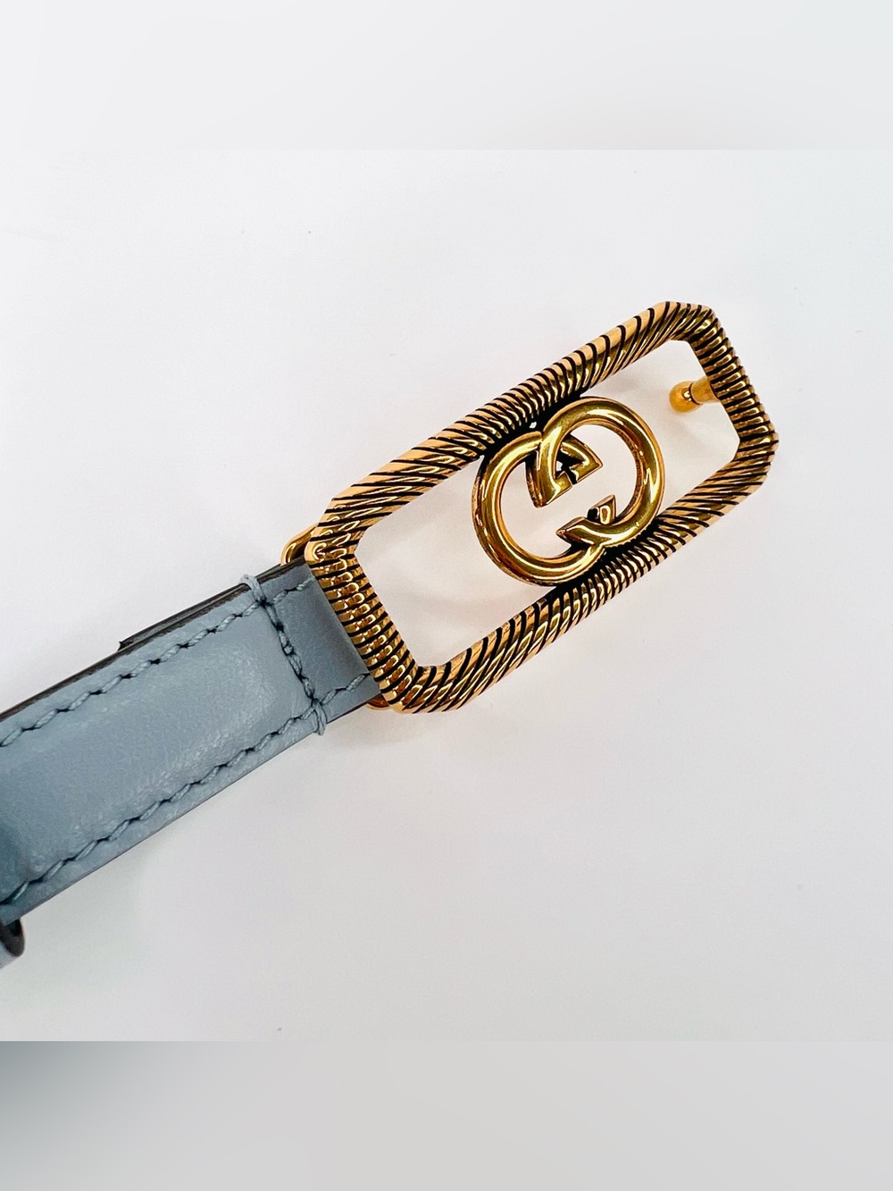 Gucci Skinny Blue Leather Belt With Interlocking G Logo Buckle Size 32 cm - 80" - Picture 2 of 10